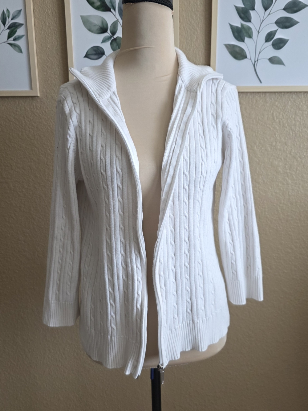Chaps Cream Cable-knit Full-zip Cardigan Sweater Preppy School Uniform Sz L - Picture 2 of 9